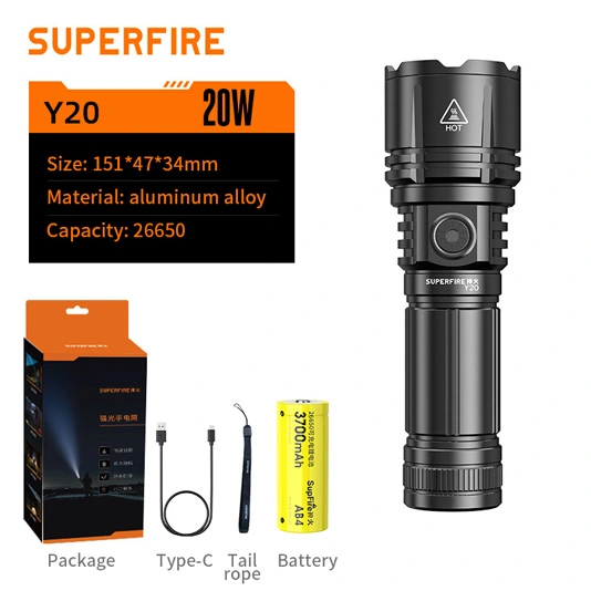 SUPERFIRE Y20 1200 lúmenes linterna de largo alcance de alta potencia recargable