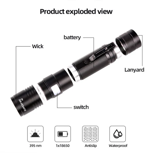 SUPERFIRE A5 395nm impermeable pequeña Luz de mano negro UV antorcha