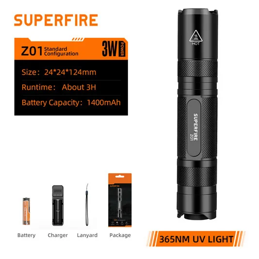 SUPERFIRE Z01 Recargable 365nm Antorcha UV